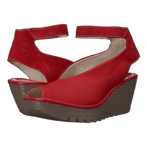 FLY LONDON YALA PERFORATED PEEP TOE SANDALS IN LIPSTICK RED 40 9-9.5